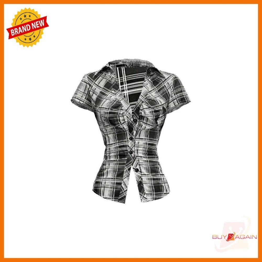 Women's Slim Fit Ruched Plaid Button Down Shirt Short Sleeve Blouse